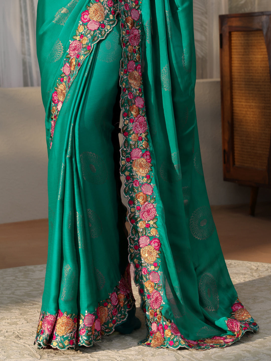  Teal Blue Printed Chiffon Saree with Floral Border 