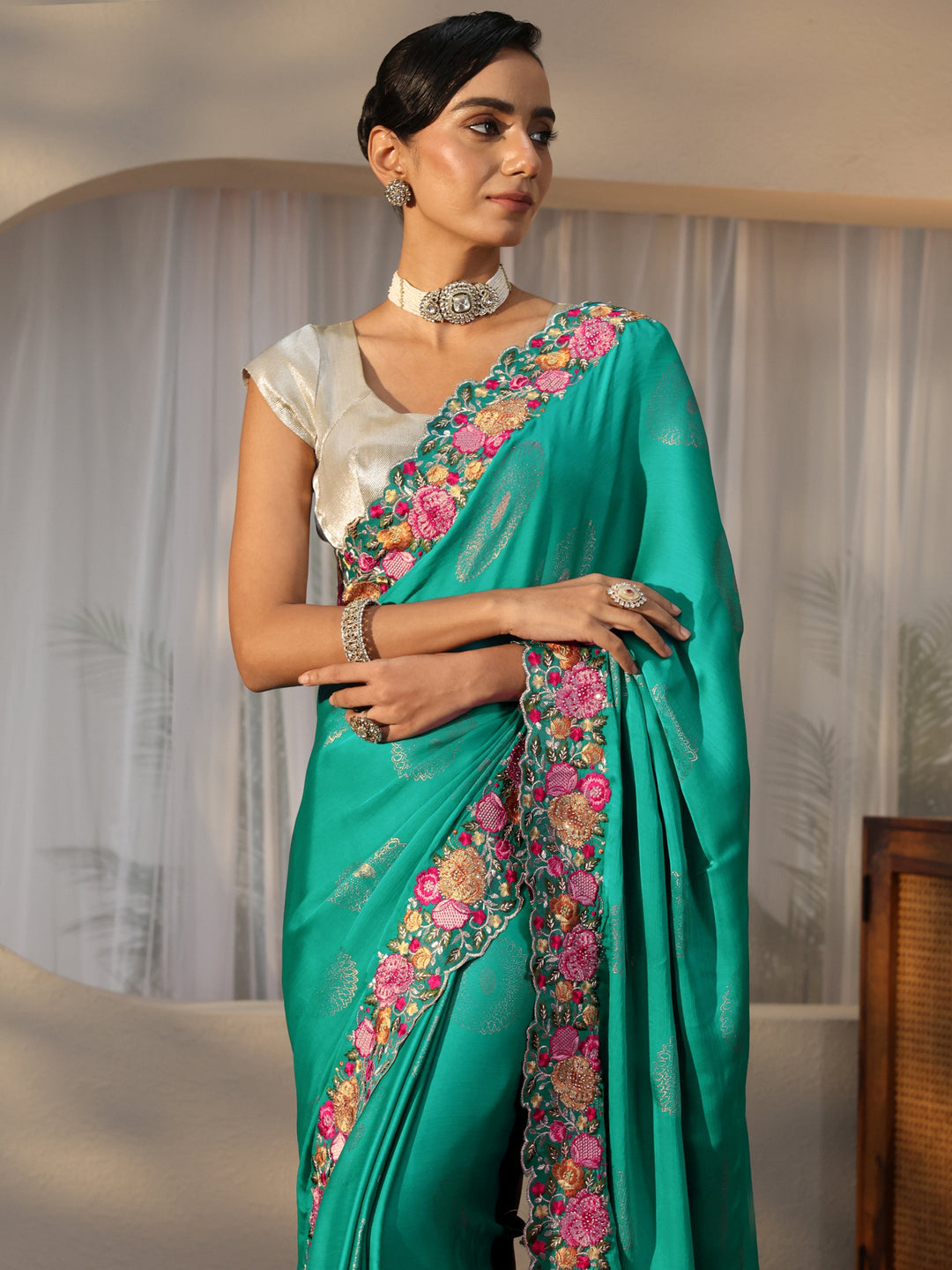  Teal Blue Printed Chiffon Saree with Floral Border 