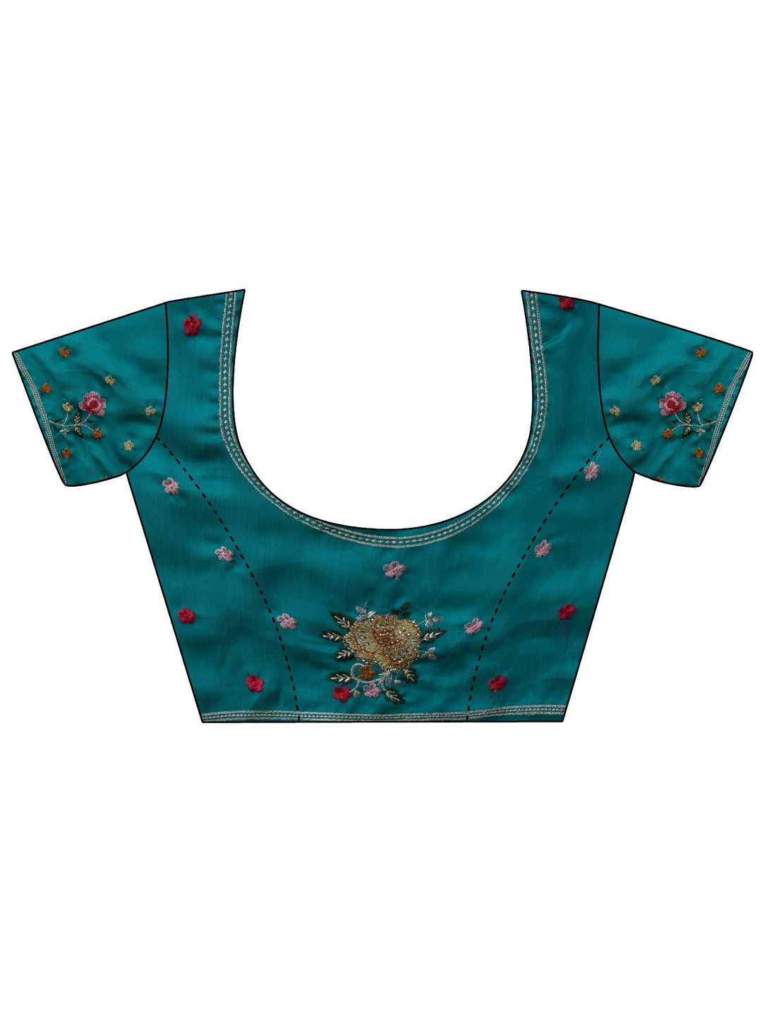  Teal Blue Printed Chiffon Saree with Floral Border 