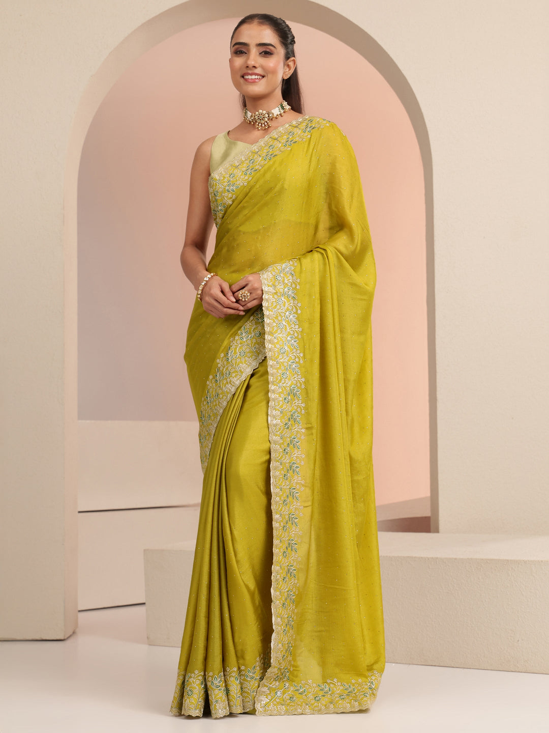  Mustard Embellished Chiffon Saree with Floral Border 