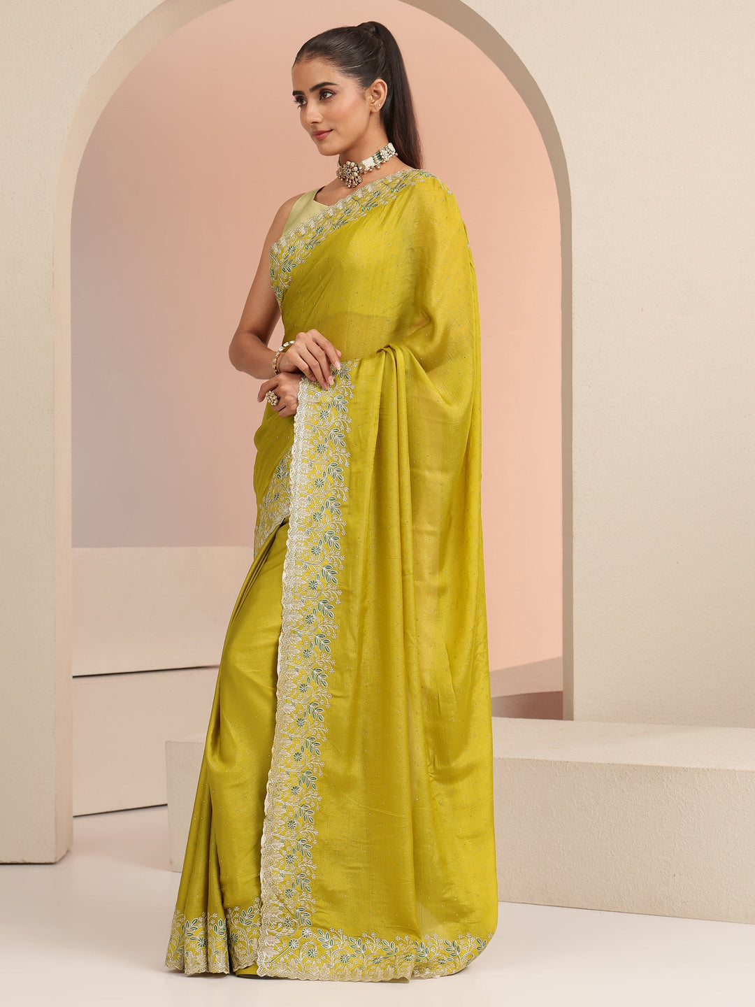  Mustard Embellished Chiffon Saree with Floral Border 