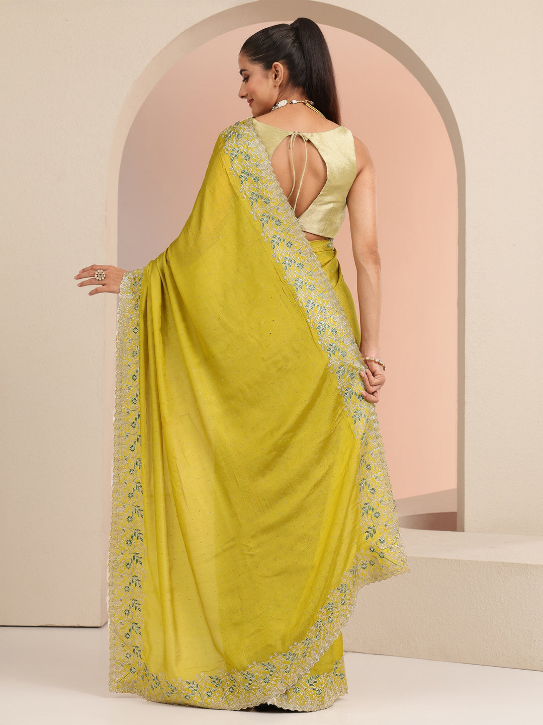  Mustard Embellished Chiffon Saree with Floral Border 