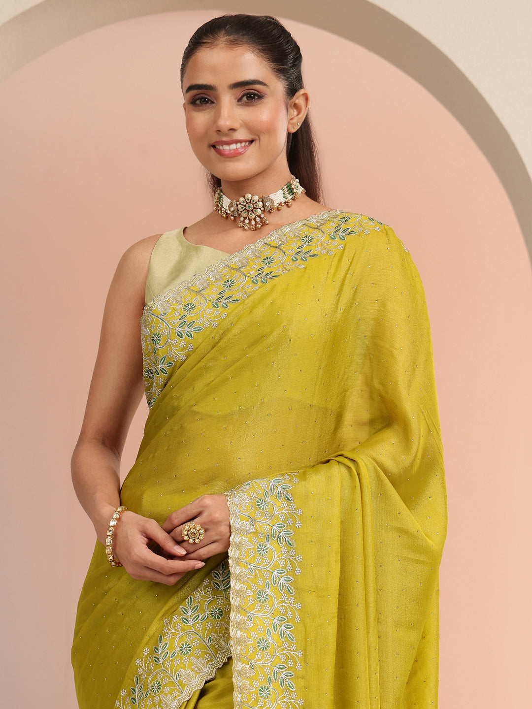  Mustard Embellished Chiffon Saree with Floral Border 