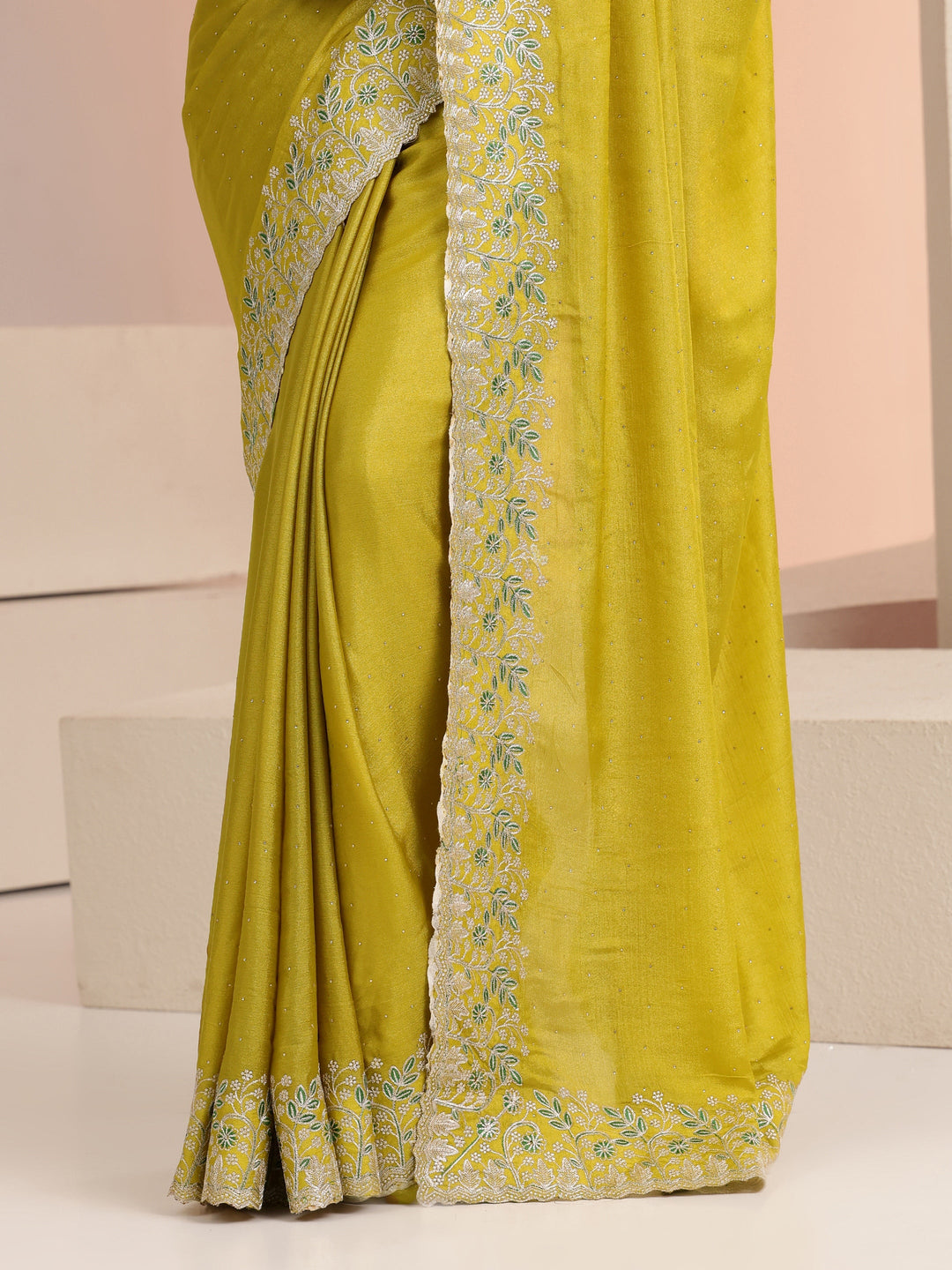 Mustard Embellished Chiffon Saree with Floral Border 