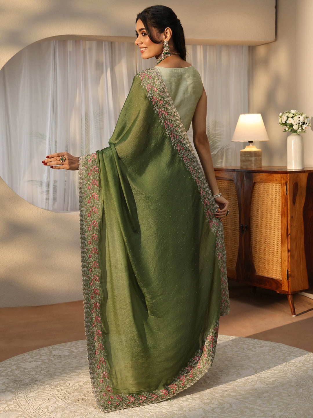  Olive Green Embellished Chiffon Saree 