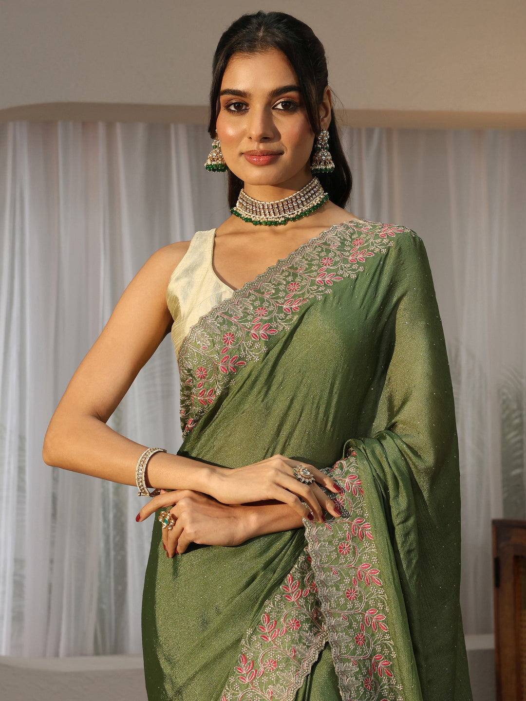  Olive Green Embellished Chiffon Saree 