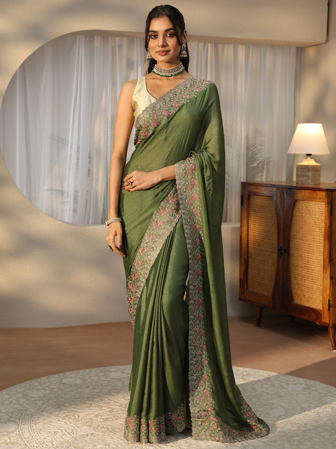  Olive Green Embellished Chiffon Saree 