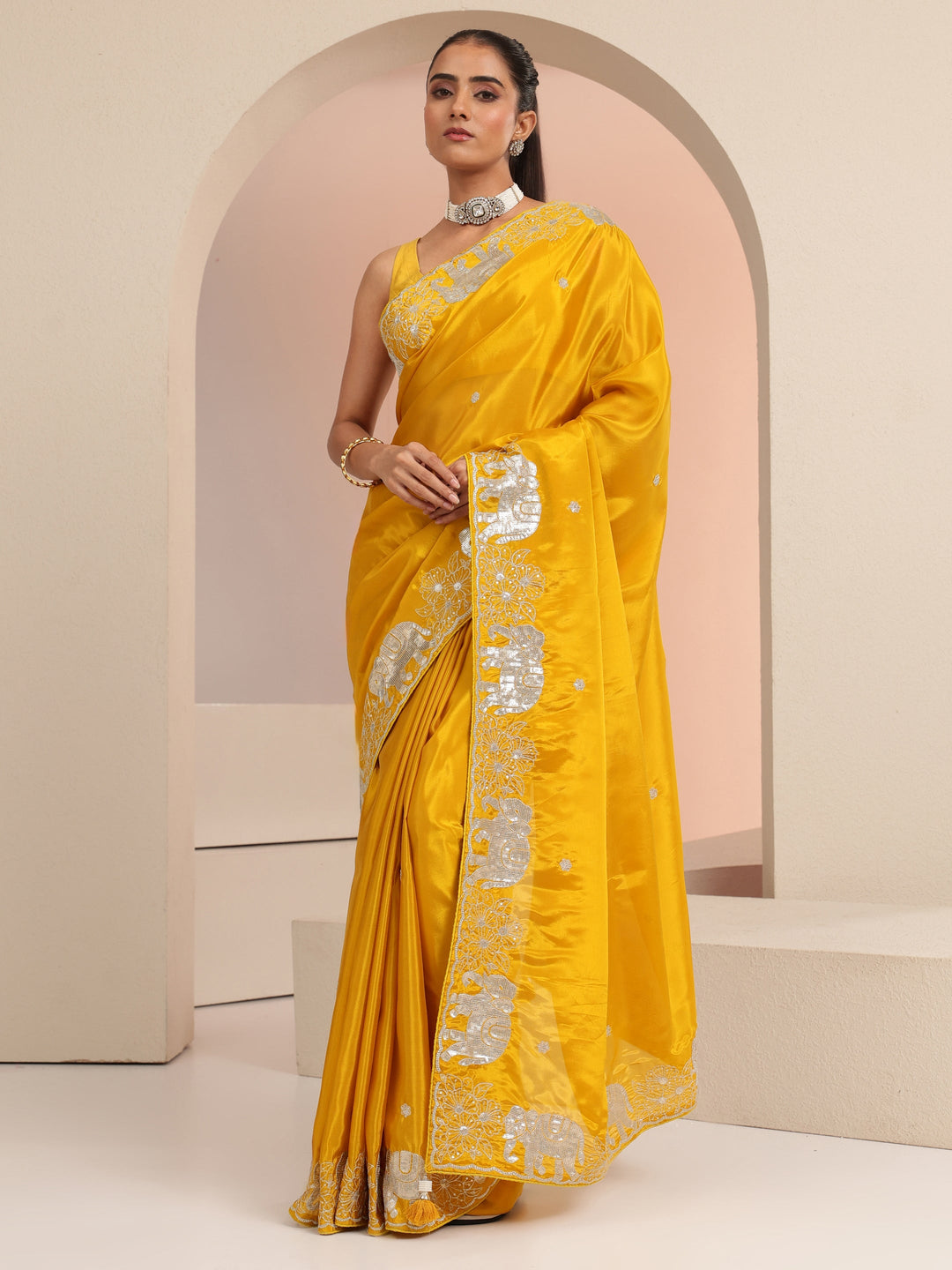  Mustard Embellished Satin Saree with Gaja Motif Border 