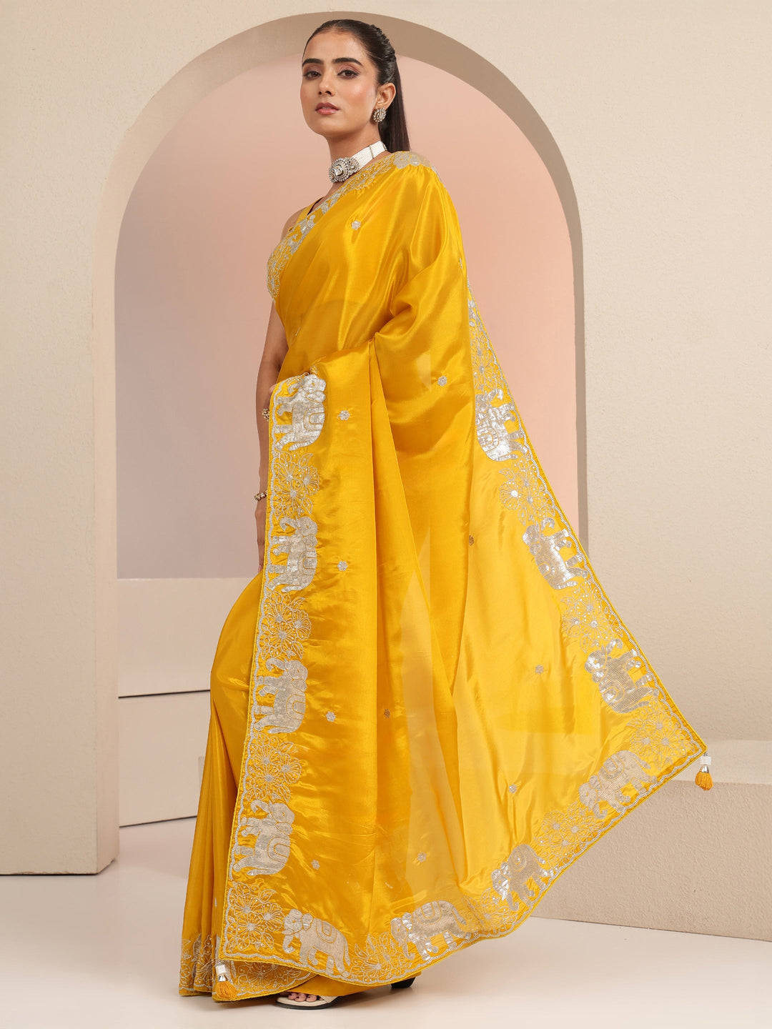  Mustard Embellished Satin Saree with Gaja Motif Border 