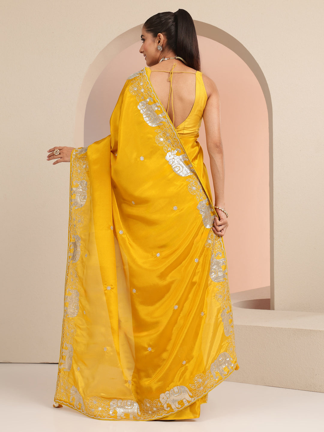  Mustard Embellished Satin Saree with Gaja Motif Border 