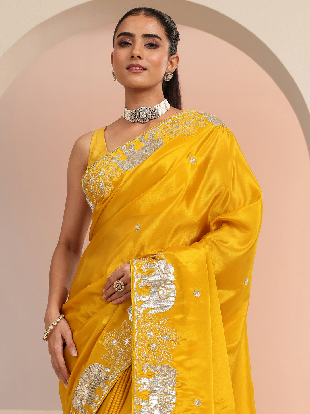  Mustard Embellished Satin Saree with Gaja Motif Border 