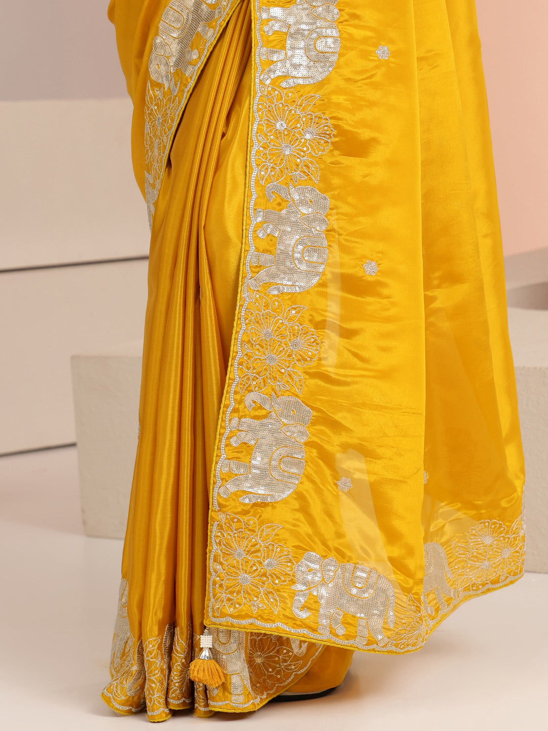  Mustard Embellished Satin Saree with Gaja Motif Border 