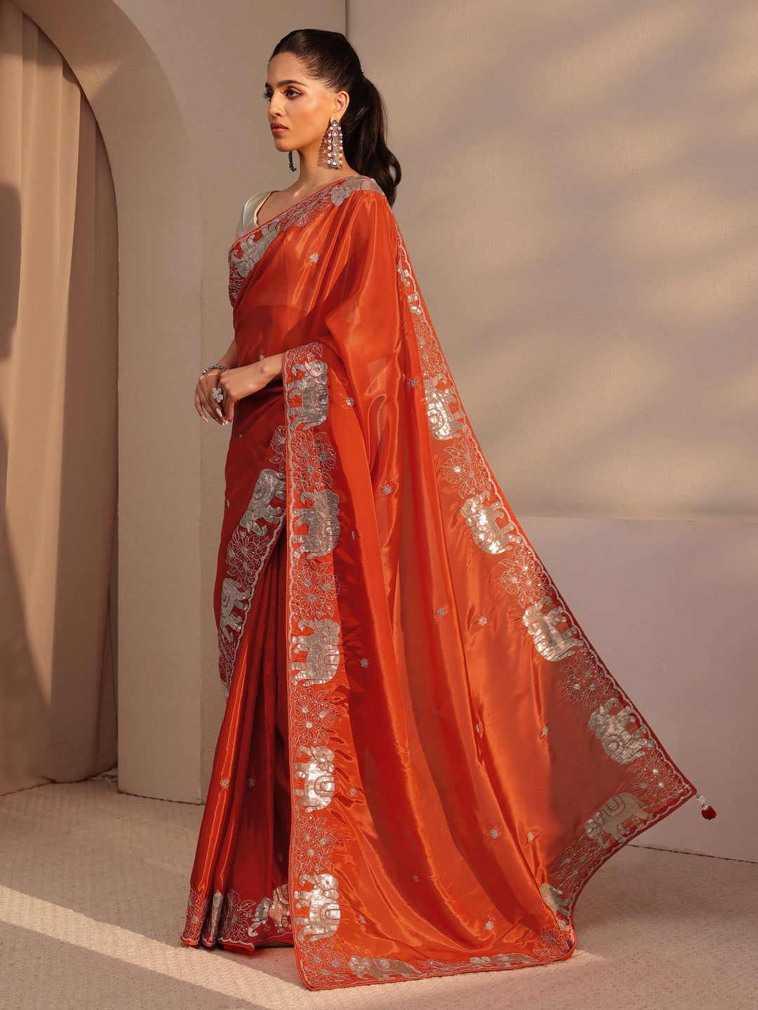  Orange Embellished Satin Saree with Gaja Motif Border 