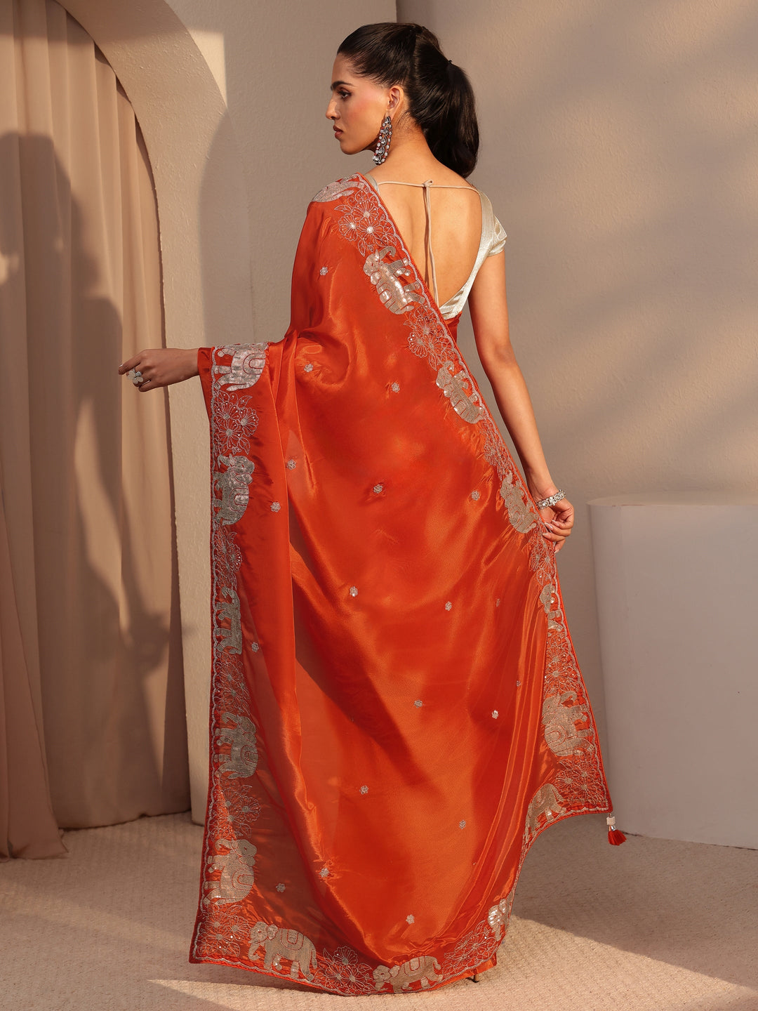  Orange Embellished Satin Saree with Gaja Motif Border 