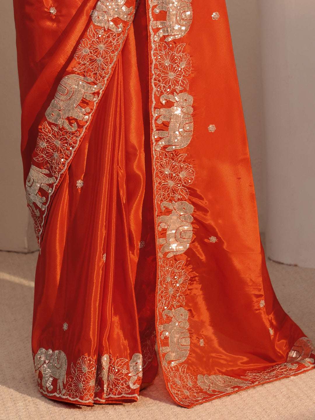  Orange Embellished Satin Saree with Gaja Motif Border 