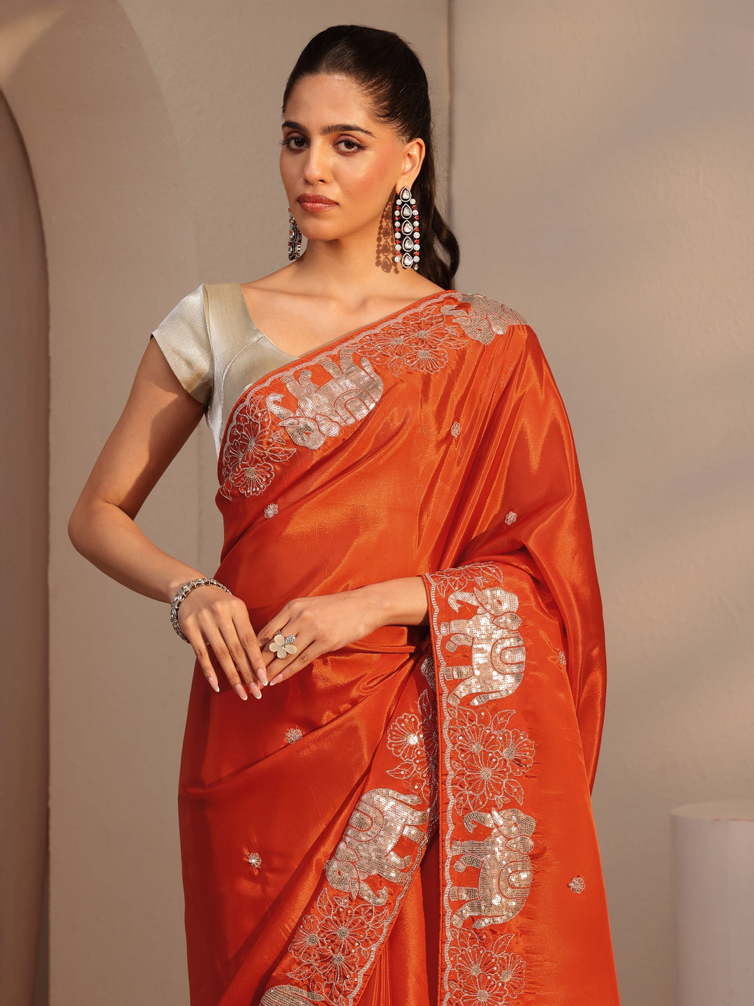  Orange Embellished Satin Saree with Gaja Motif Border 