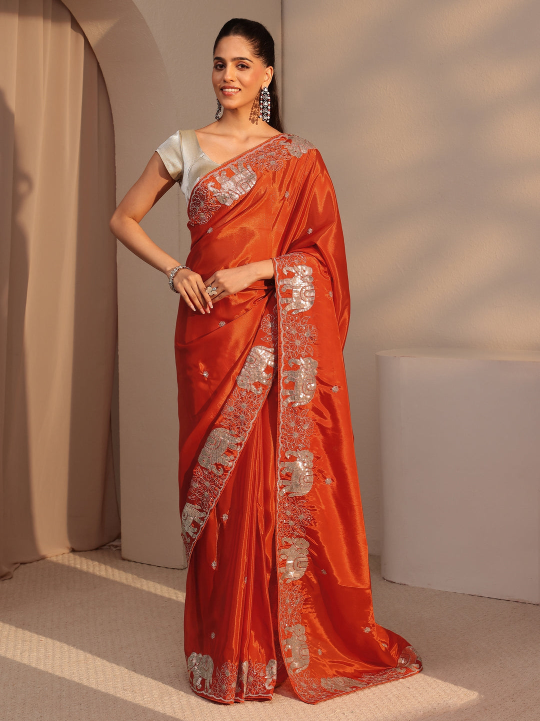  Orange Embellished Satin Saree with Gaja Motif Border 