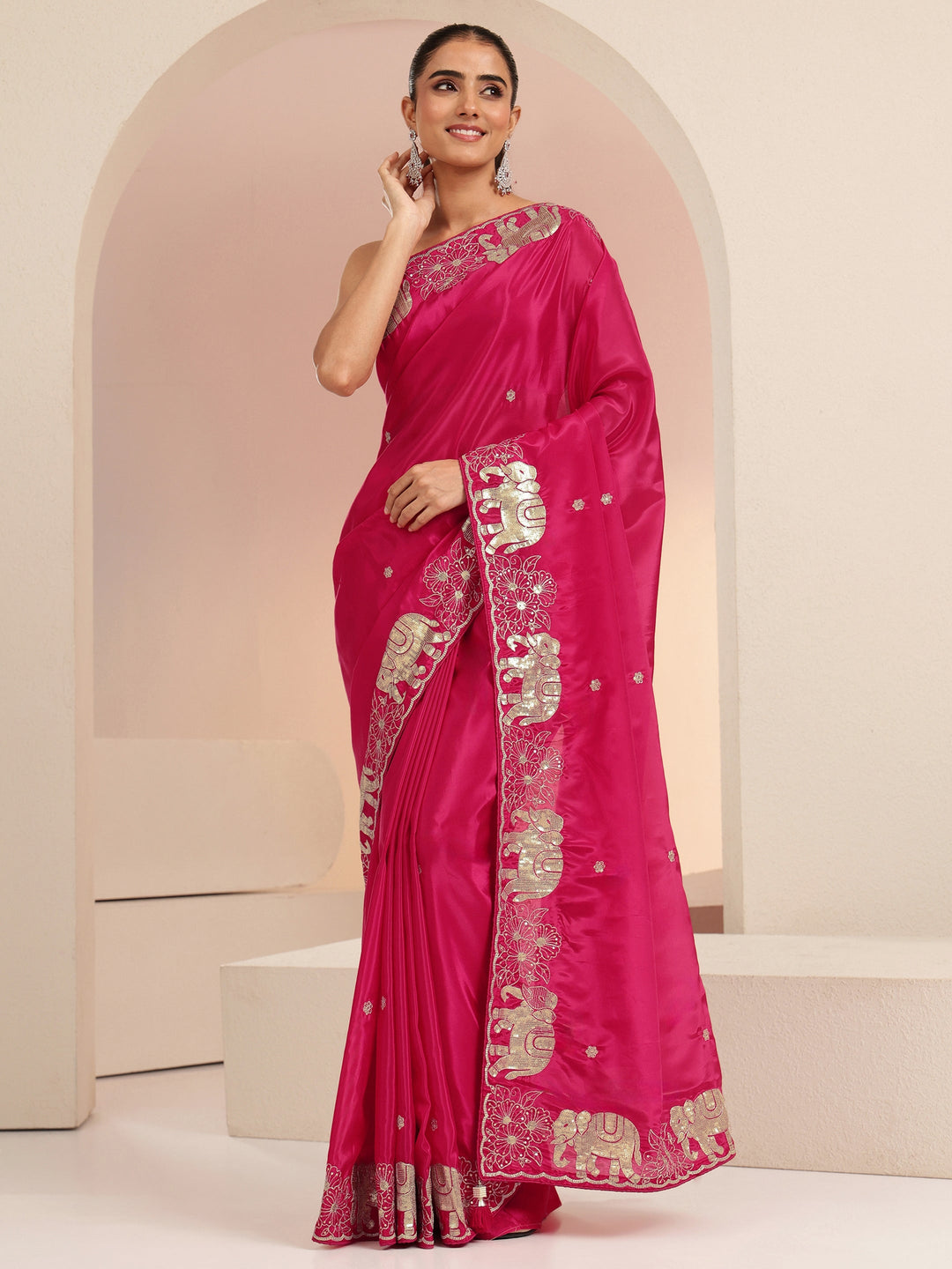  Rani Pink Embellished Satin Saree with Gaja Motif Border 