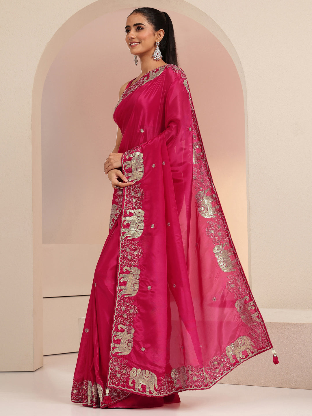  Rani Pink Embellished Satin Saree with Gaja Motif Border 