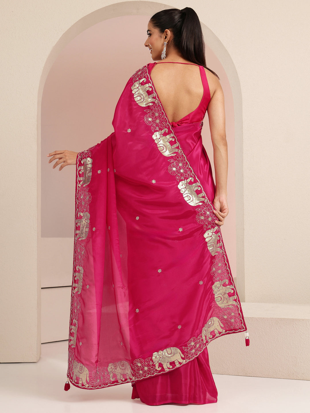  Rani Pink Embellished Satin Saree with Gaja Motif Border 