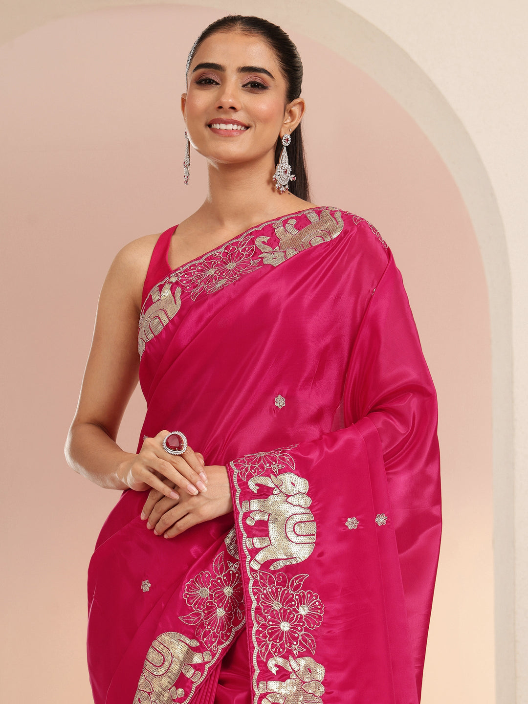  Rani Pink Embellished Satin Saree with Gaja Motif Border 