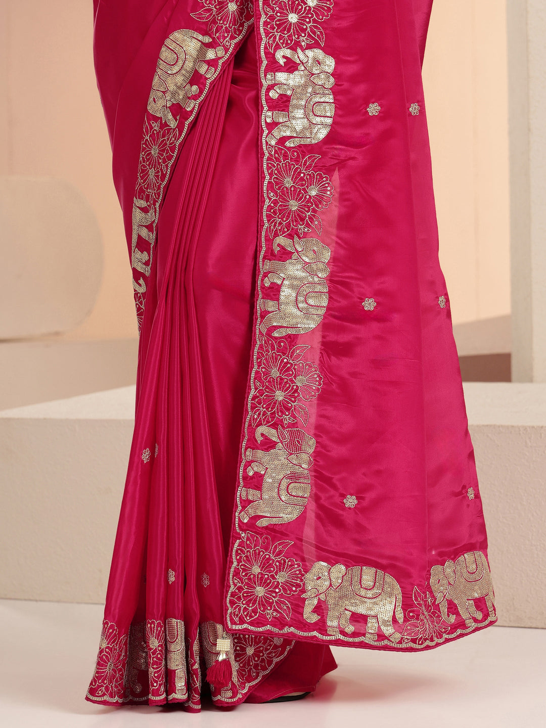  Rani Pink Embellished Satin Saree with Gaja Motif Border 