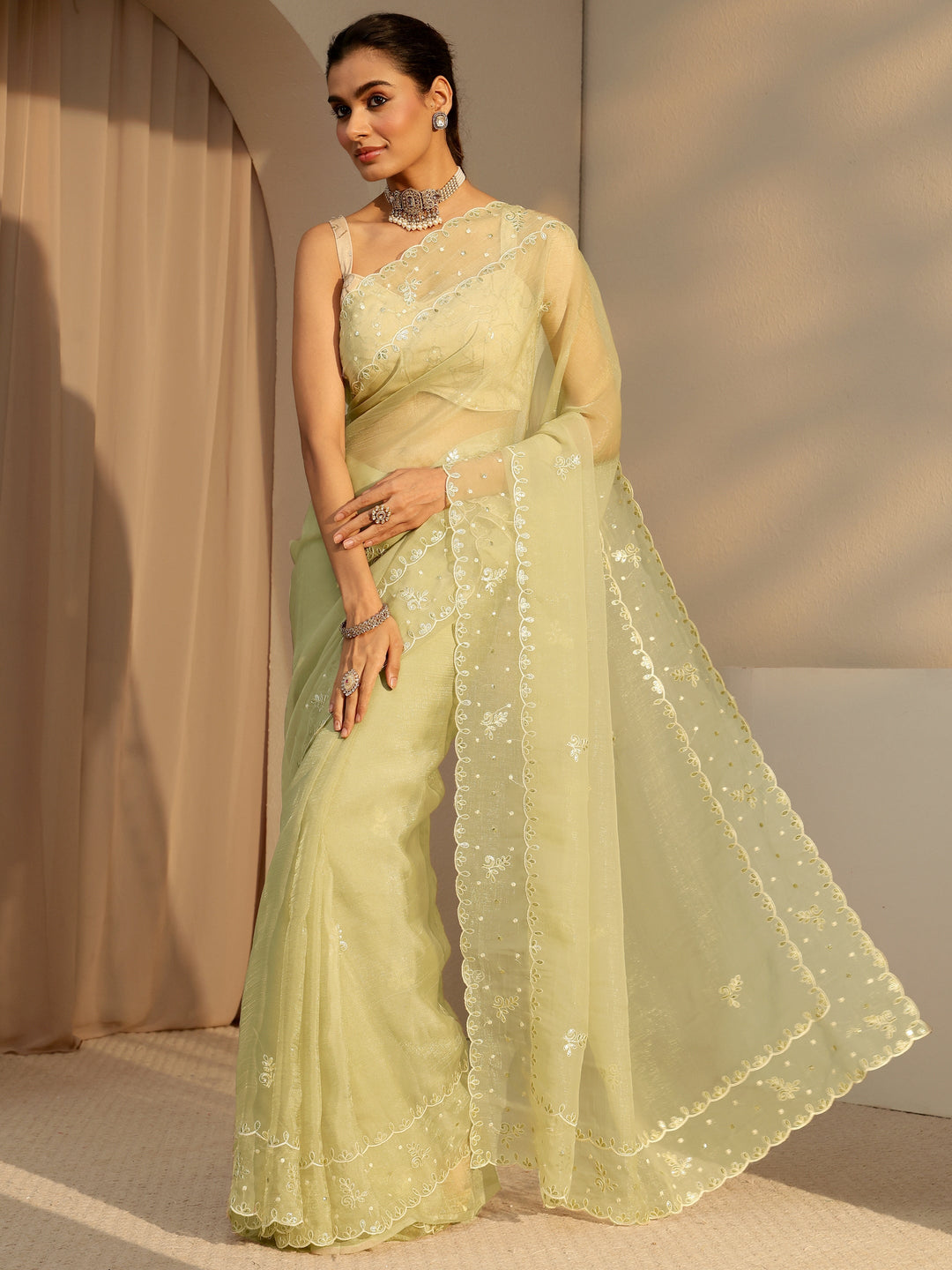  Pista Green Floral Embroidered Tissue Saree 