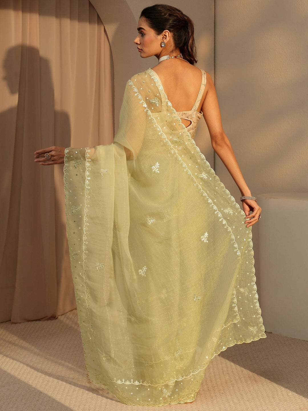  Pista Green Floral Embroidered Tissue Saree 
