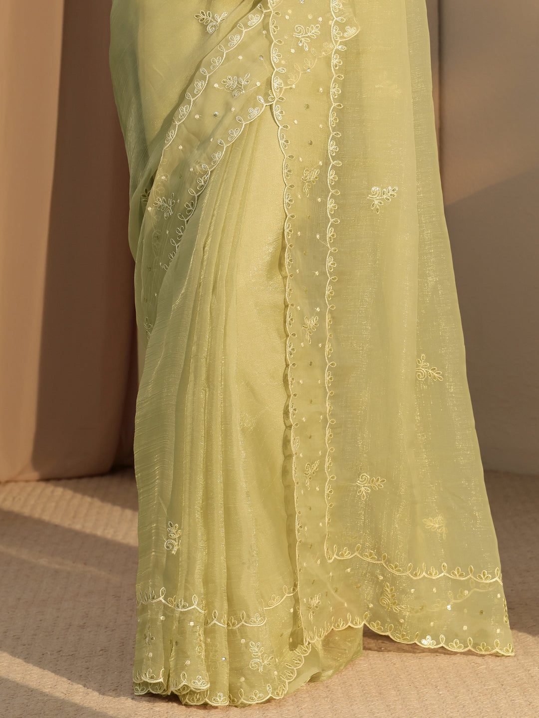 Pista Green Floral Embroidered Tissue Saree 