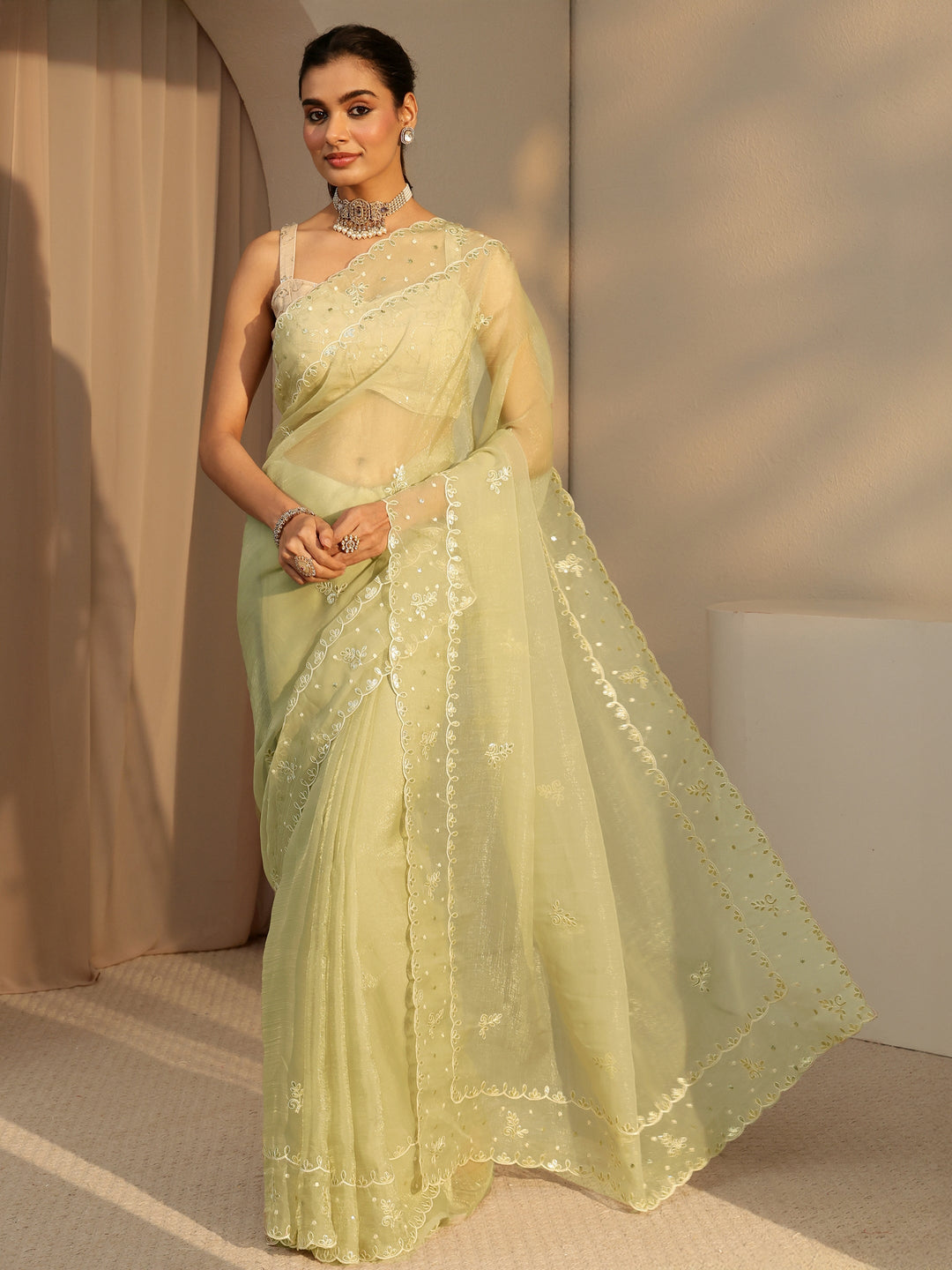  Pista Green Floral Embroidered Tissue Saree 