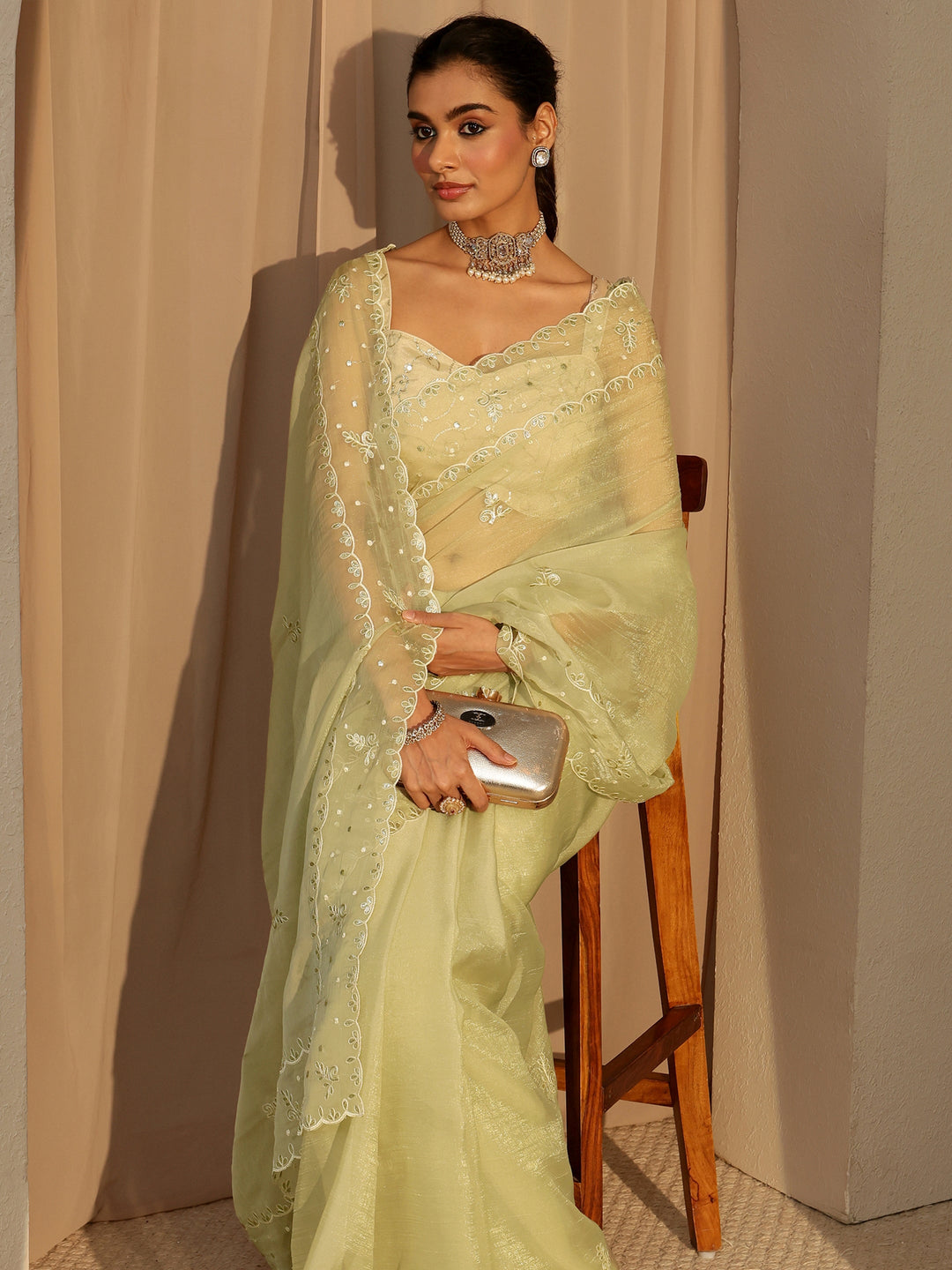  Pista Green Floral Embroidered Tissue Saree 