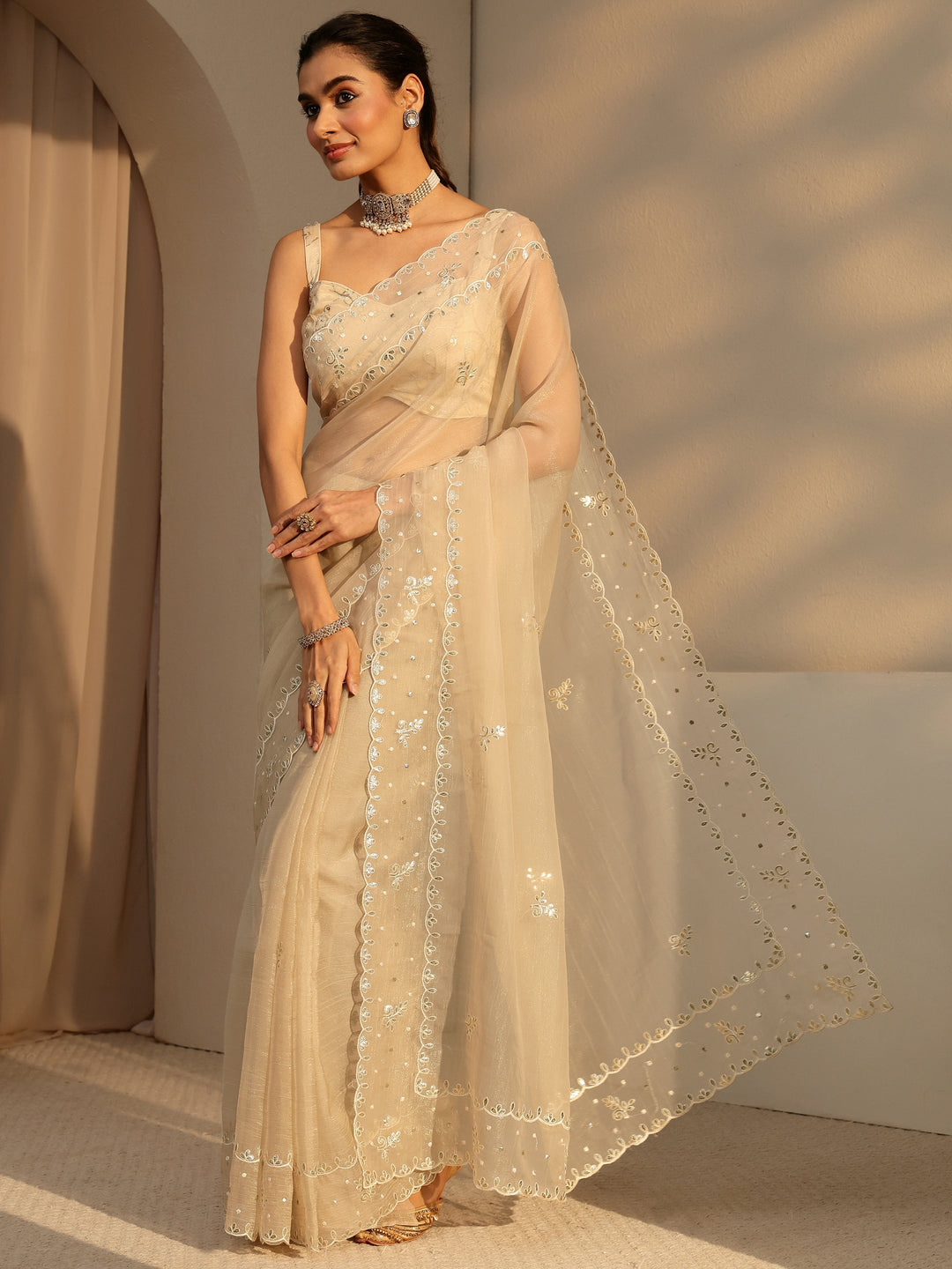 Beige Floral Embroidered Tissue Saree 