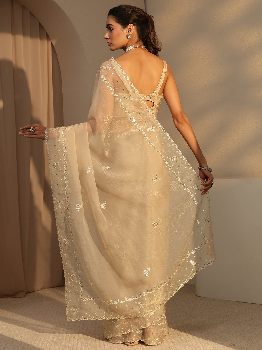  Beige Floral Embroidered Tissue Saree 