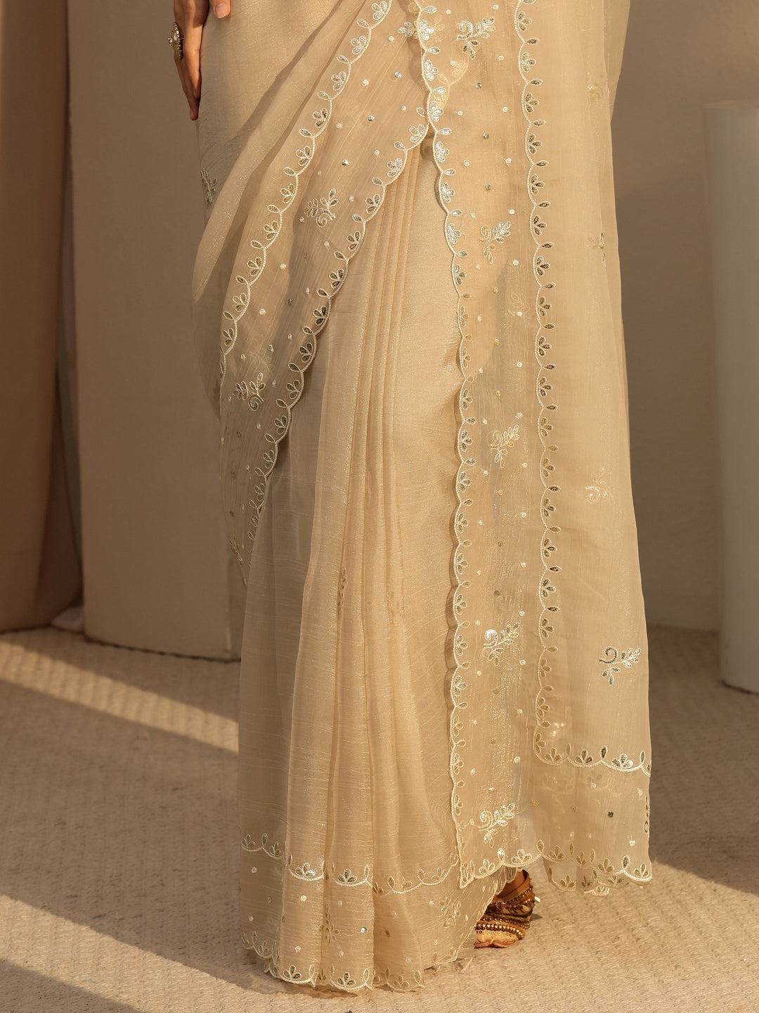  Beige Floral Embroidered Tissue Saree 