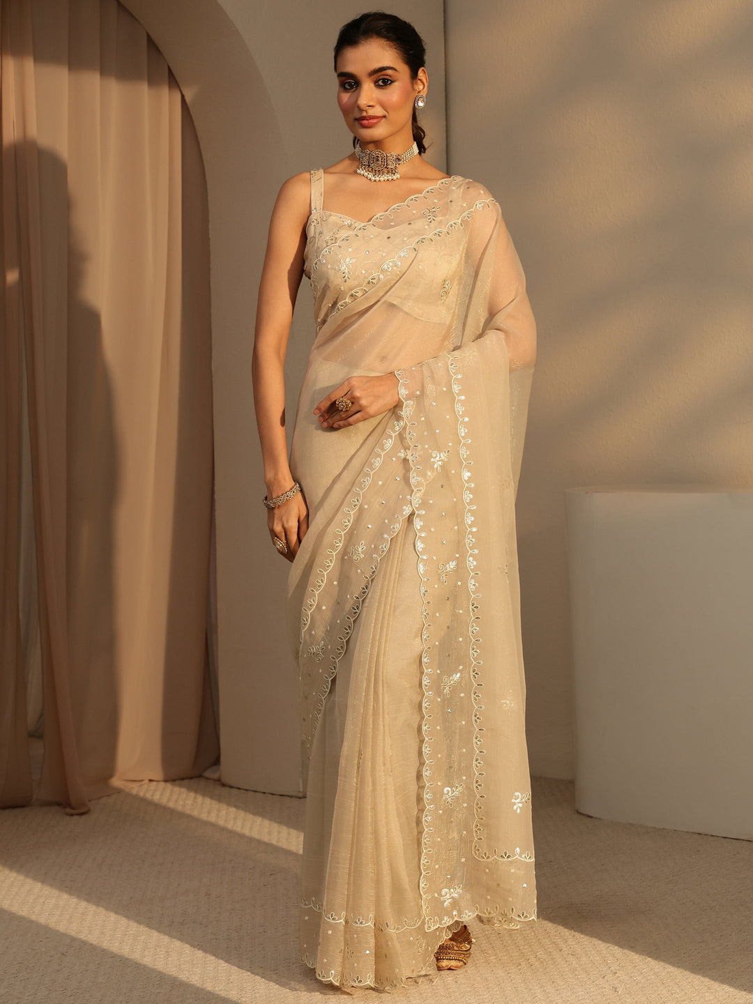  Beige Floral Embroidered Tissue Saree 