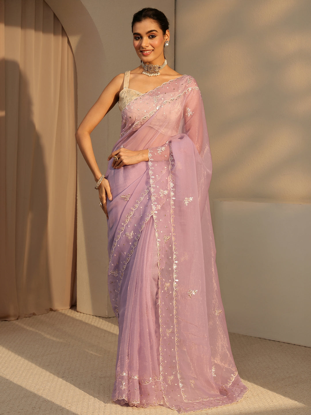  Lavender Floral Embroidered Tissue Saree 