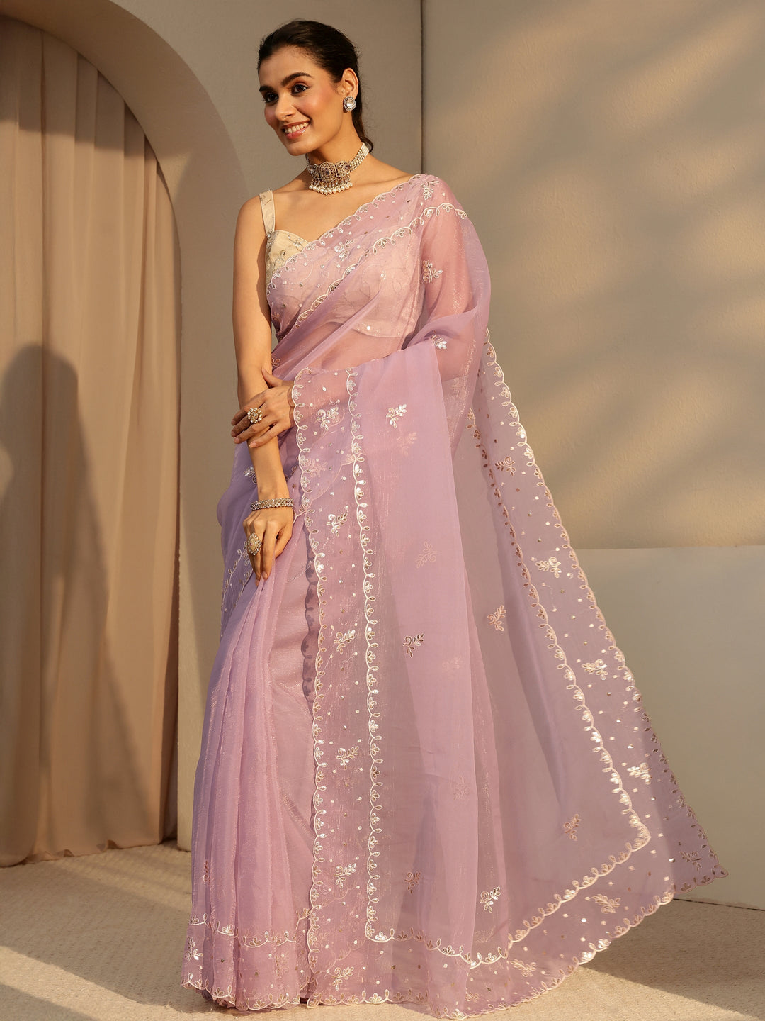  Lavender Floral Embroidered Tissue Saree 