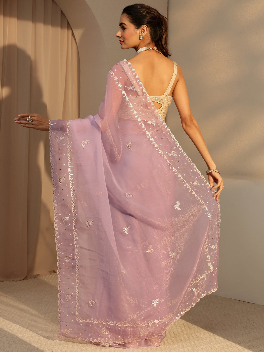  Lavender Floral Embroidered Tissue Saree 