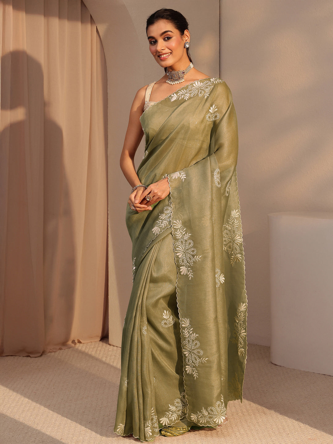  Taupe Floral Embroidered Net Saree 