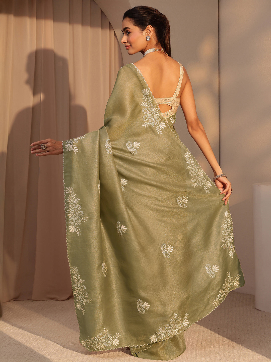  Taupe Floral Embroidered Net Saree 