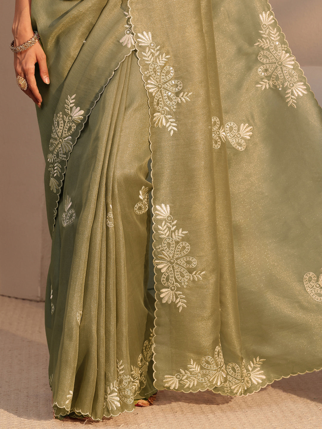  Taupe Floral Embroidered Net Saree 