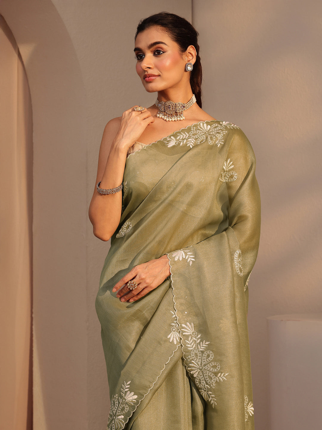  Taupe Floral Embroidered Net Saree 
