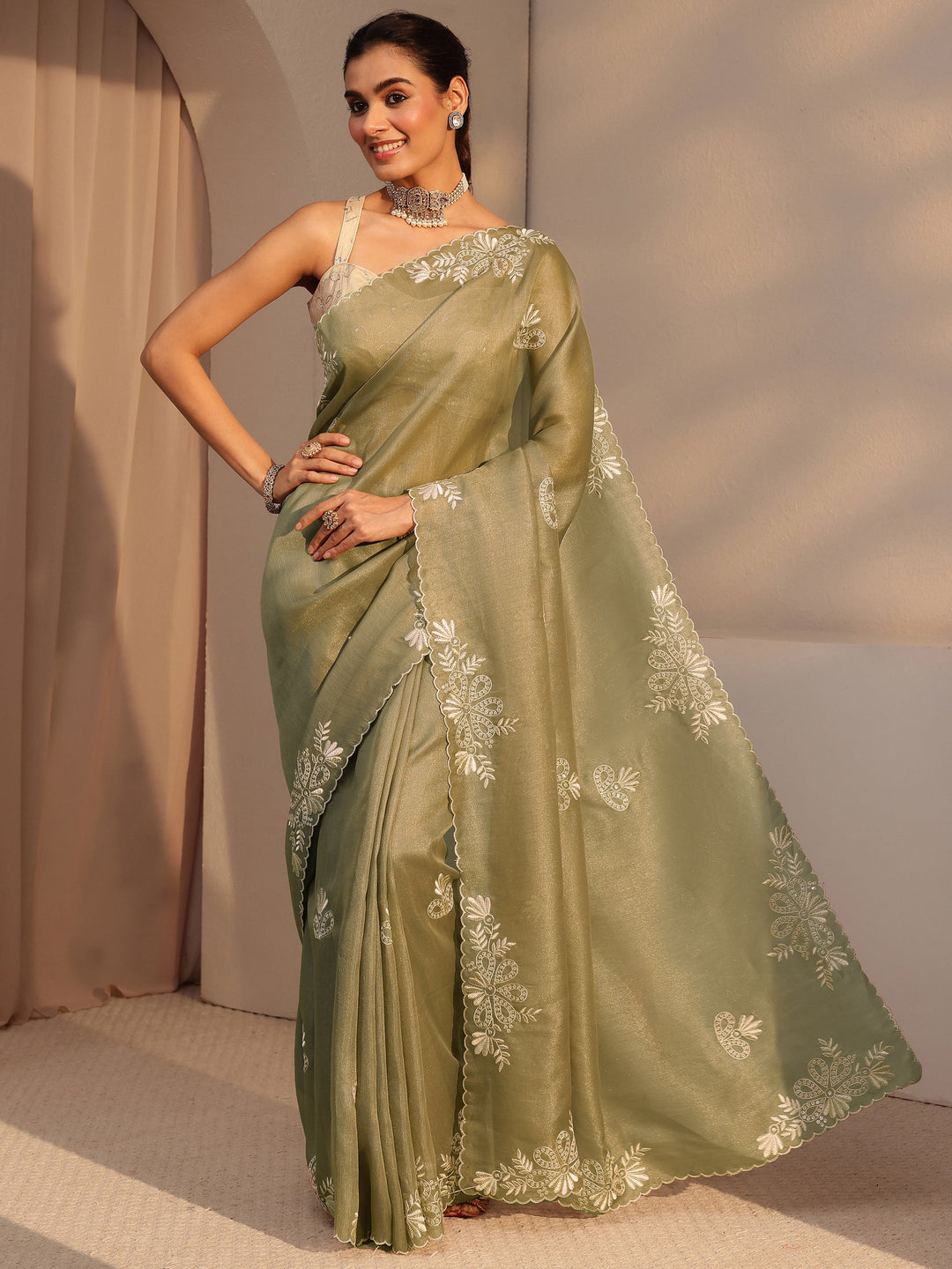  Taupe Floral Embroidered Net Saree 