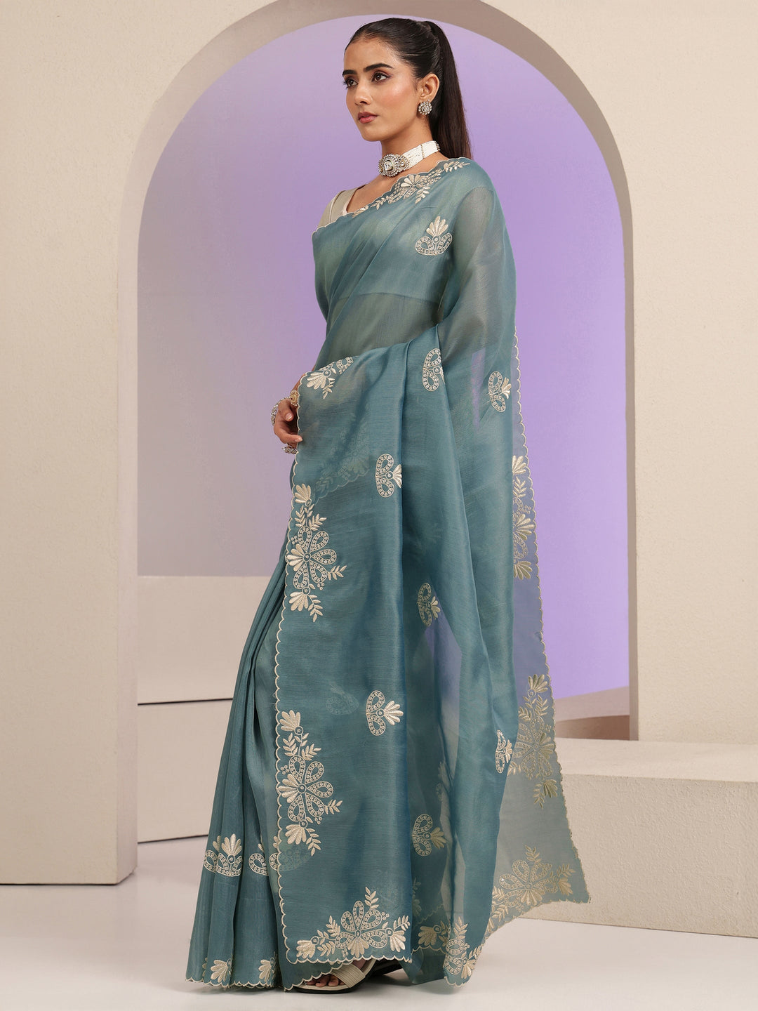  Teal Blue Floral Embroidered Net Saree 