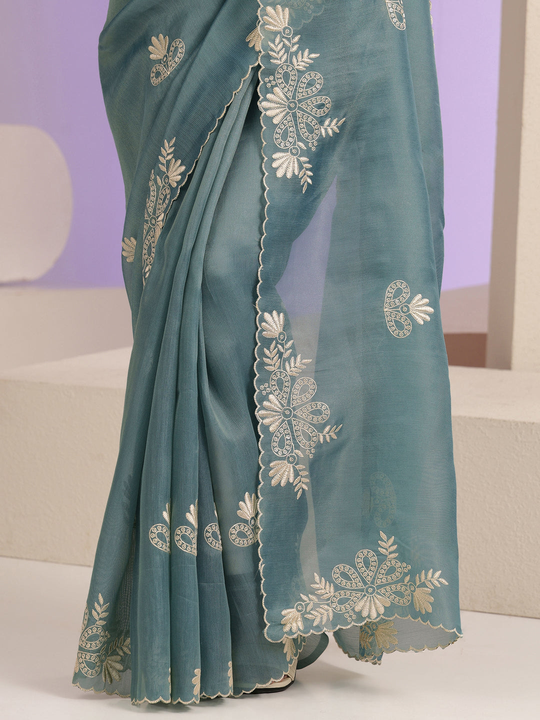  Teal Blue Floral Embroidered Net Saree 