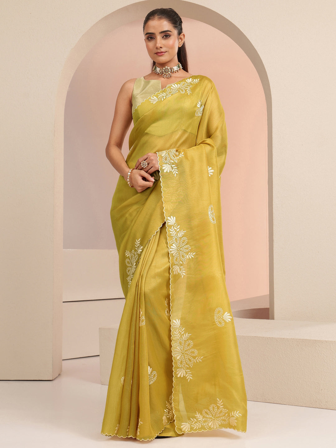  Mustard Floral Embroidered Net Saree 
