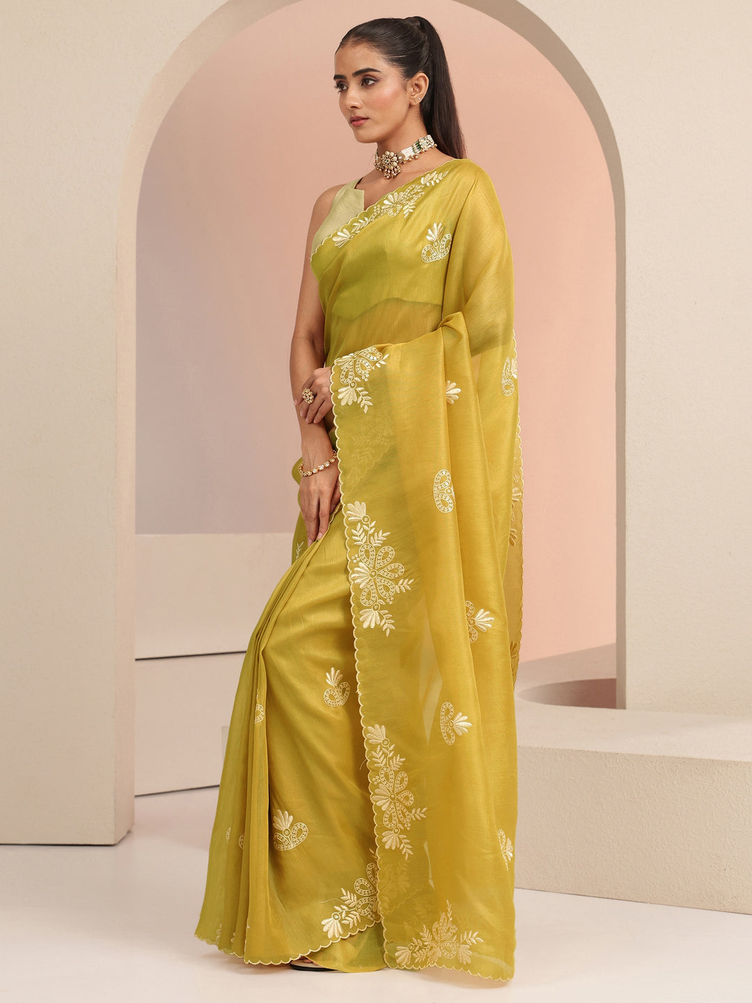  Mustard Floral Embroidered Net Saree 