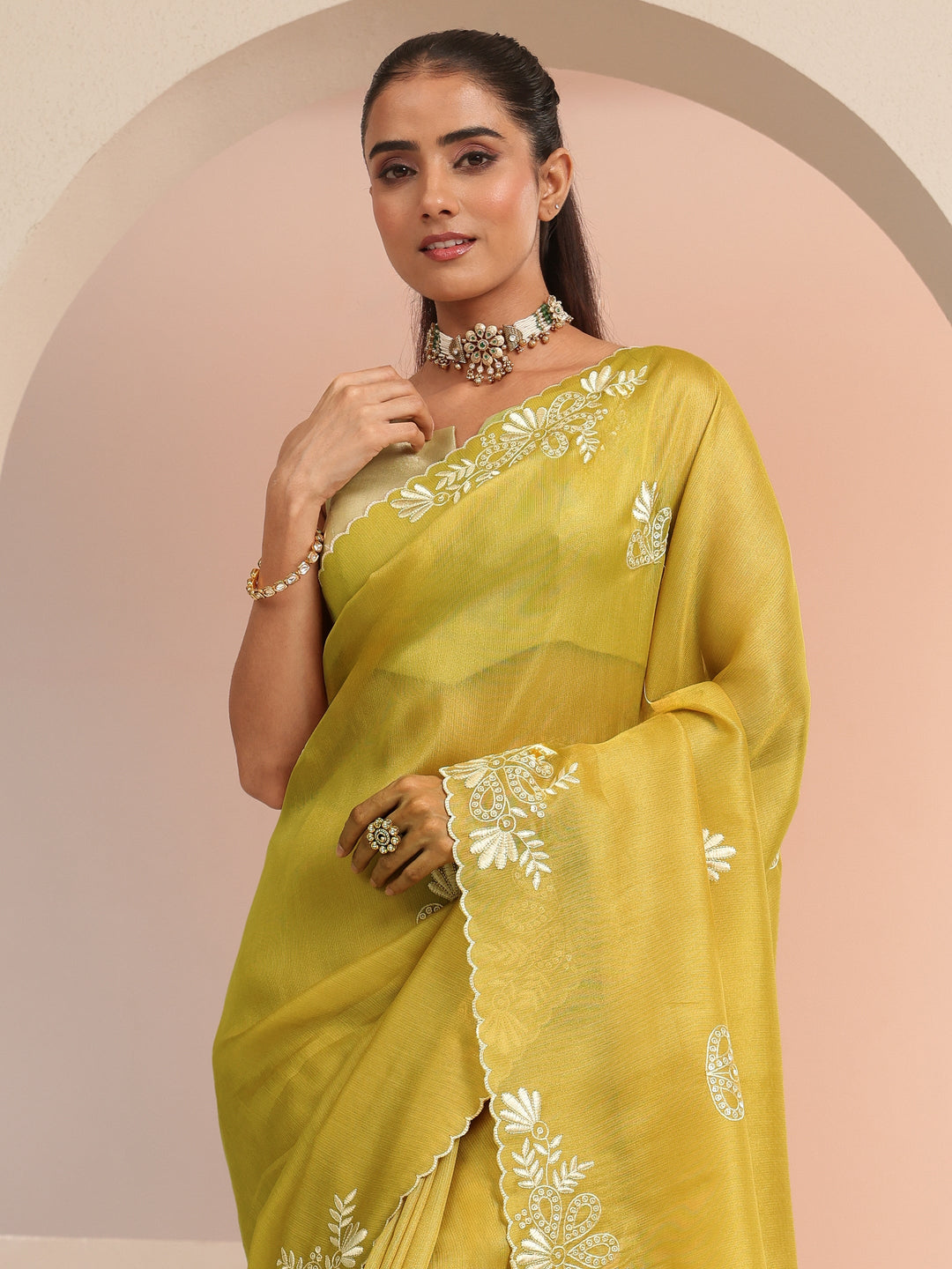  Mustard Floral Embroidered Net Saree 