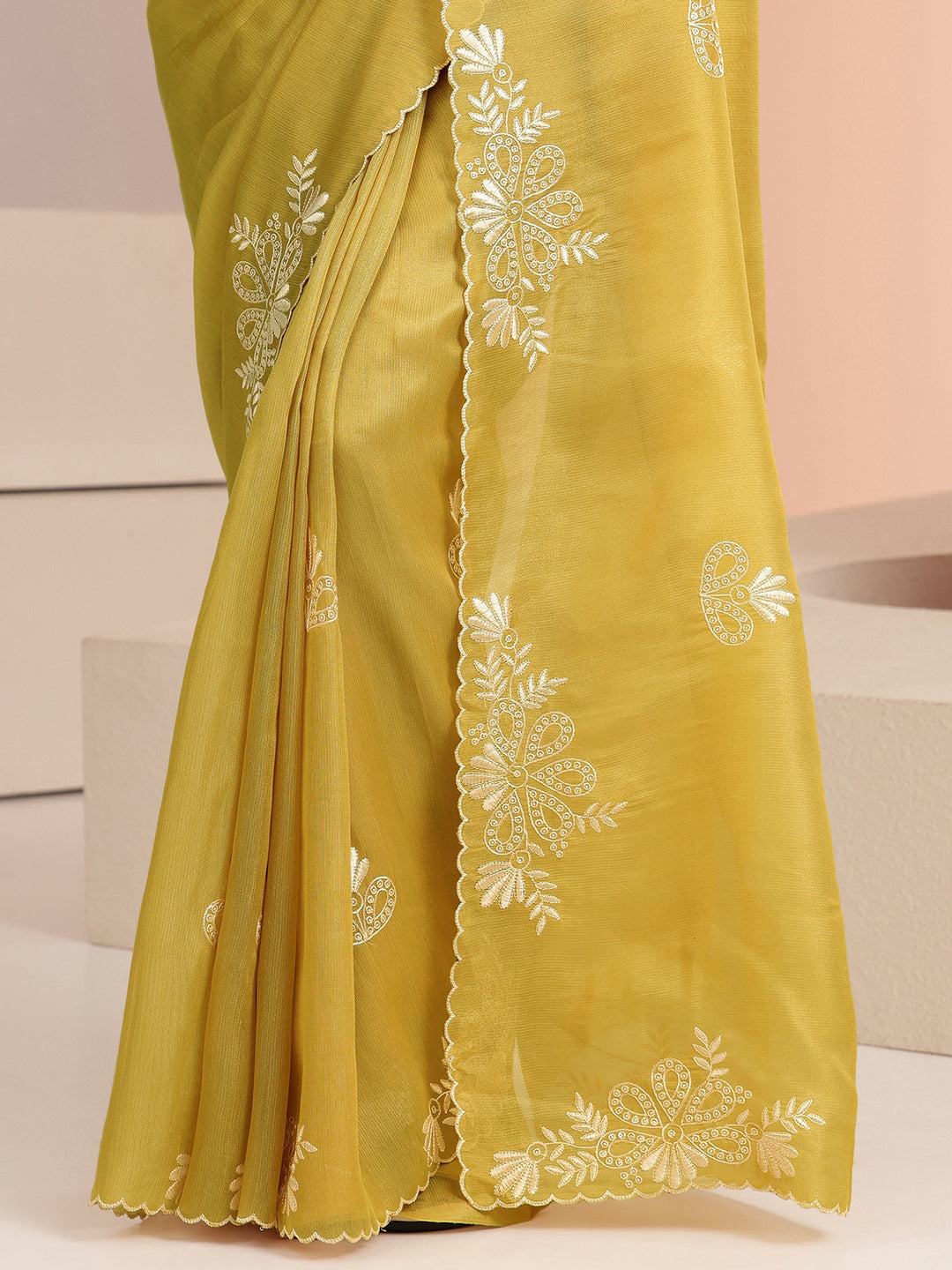  Mustard Floral Embroidered Net Saree 