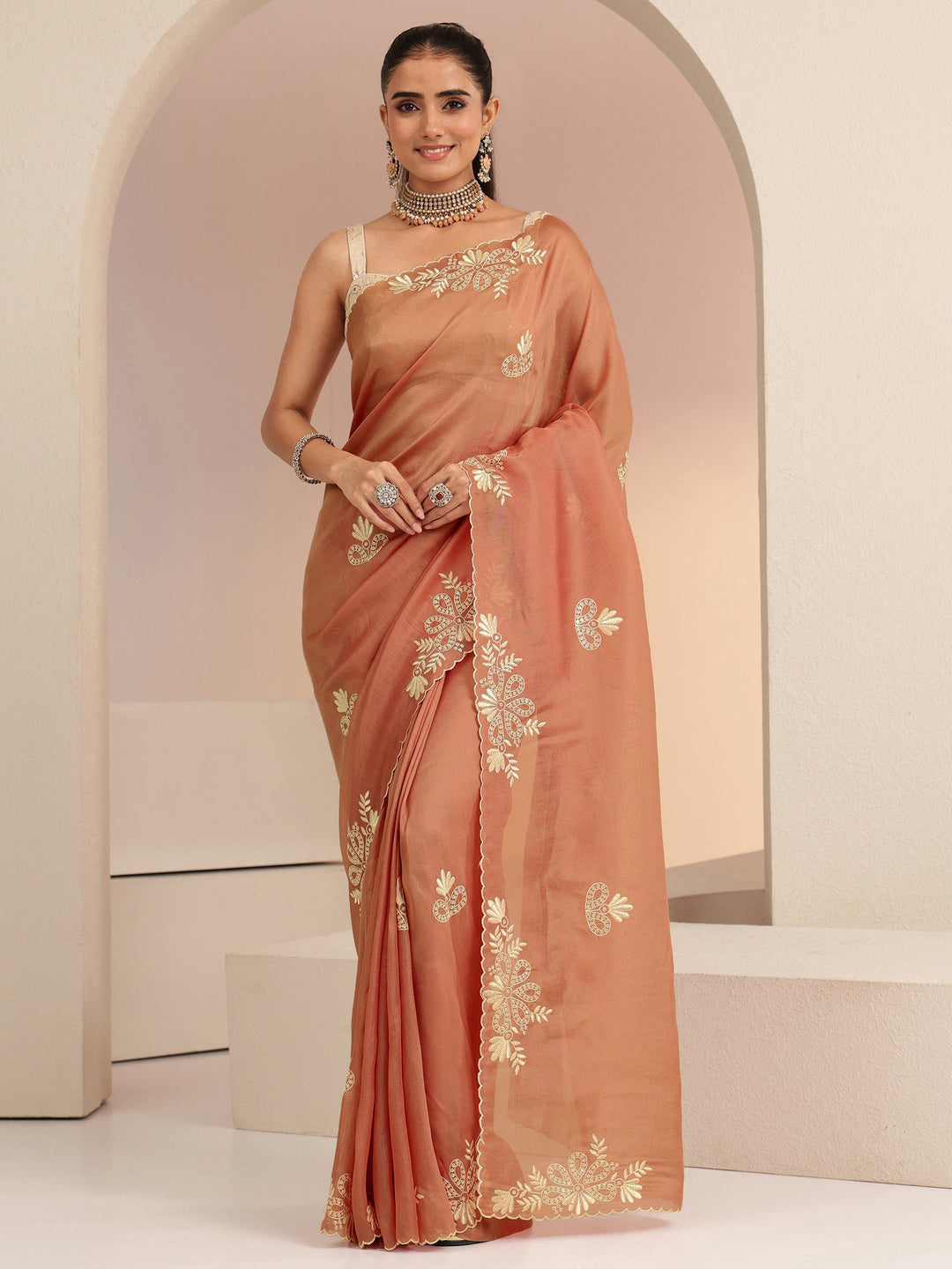  Peach Floral Embroidered Net Saree 